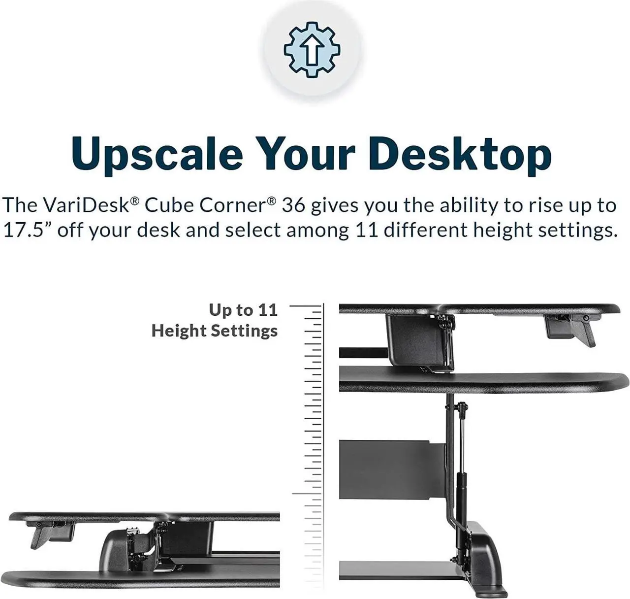 Alt view image 2 of 7 - VariDesk Cube Corner 36 by Vari - Cubicle Standing Desk Converter for Dual Monitors - Home Office Desk with 11 Height Adjustable Settings, Spring-Assisted Lift, Weighted Base - Fully Assembled, Black
