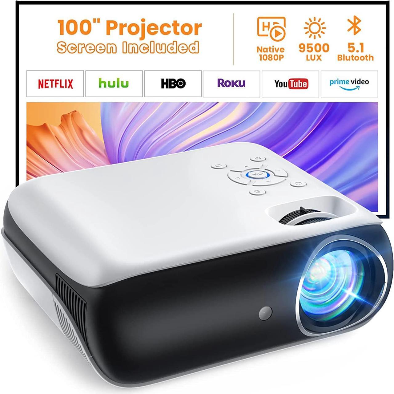 Main image of Projector, Native 1080P Bluetooth Projector with 100''Screen, 9500L Portable Outdoor Movie Projector Compatible with Smartphone, HDMI,USB,AV,Fire Stick, PS5