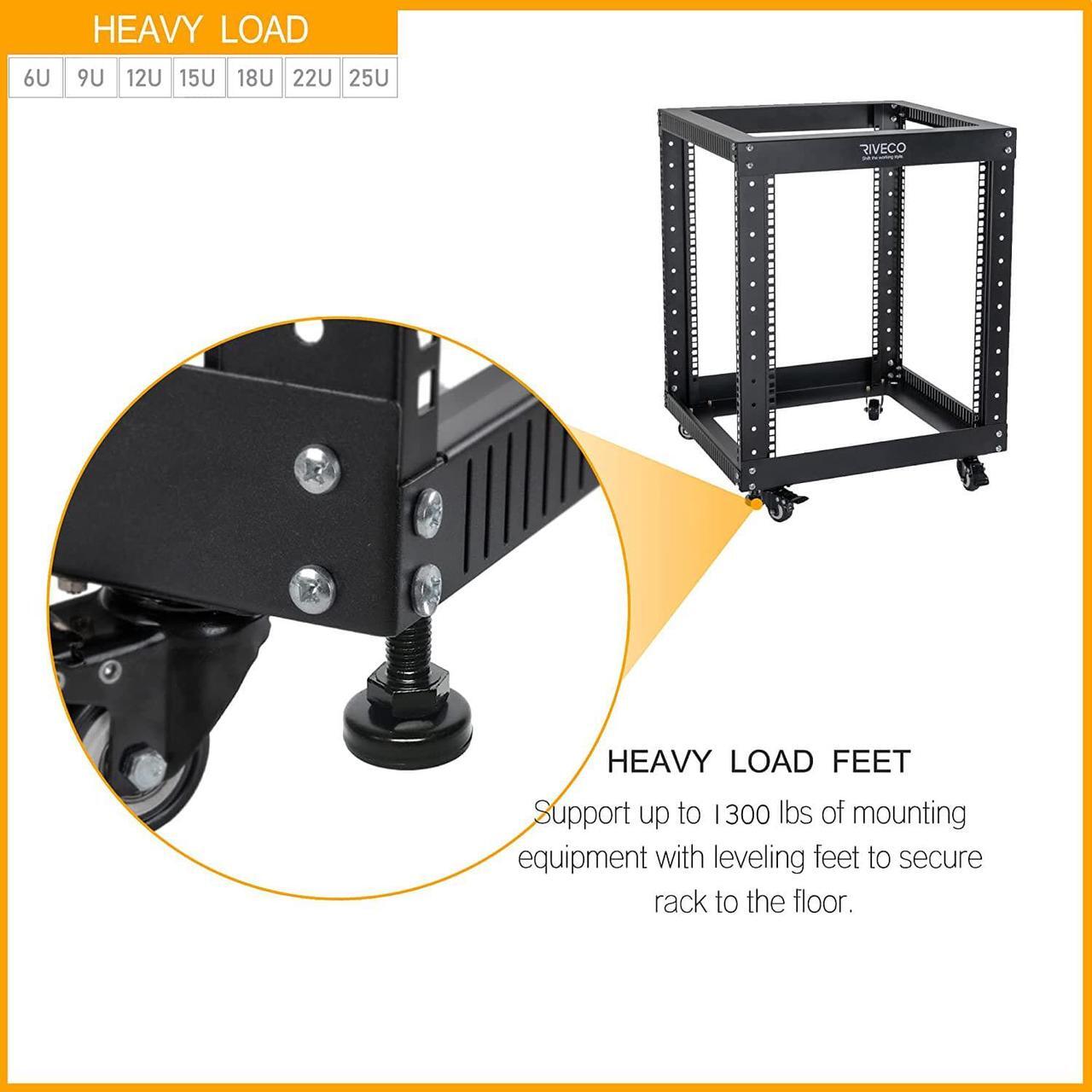 Alt view image 5 of 7 - 18U Open Frame Server Rack with Brake Casters- Heavy Duty 4 Post Quick Assembly 19-inch Rack Network Durable Black