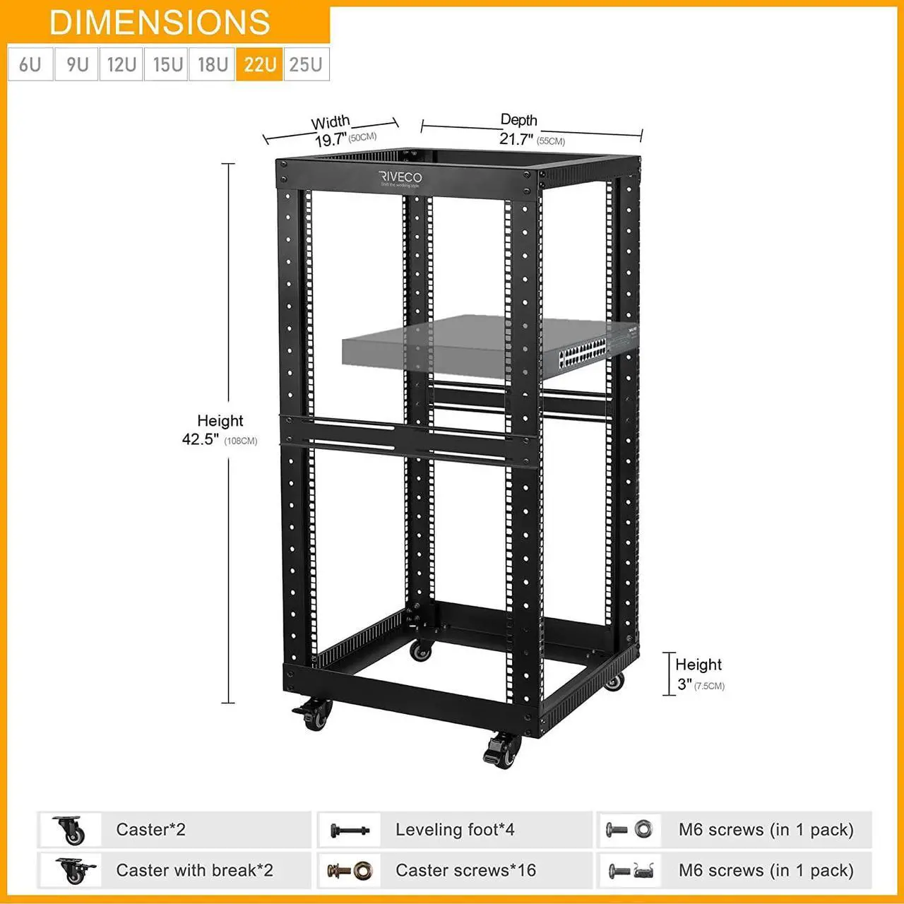 Alt view image 3 of 7 - 22U Open Frame Server Rack with Wheels- Heavy Duty 4 Post Quick Assembly 19-inch, Stereo Rack Rolling Network Shelf Black