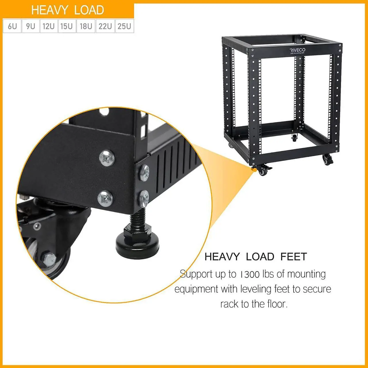 Alt view image 5 of 7 - 22U Open Frame Server Rack with Wheels- Heavy Duty 4 Post Quick Assembly 19-inch, Stereo Rack Rolling Network Shelf Black