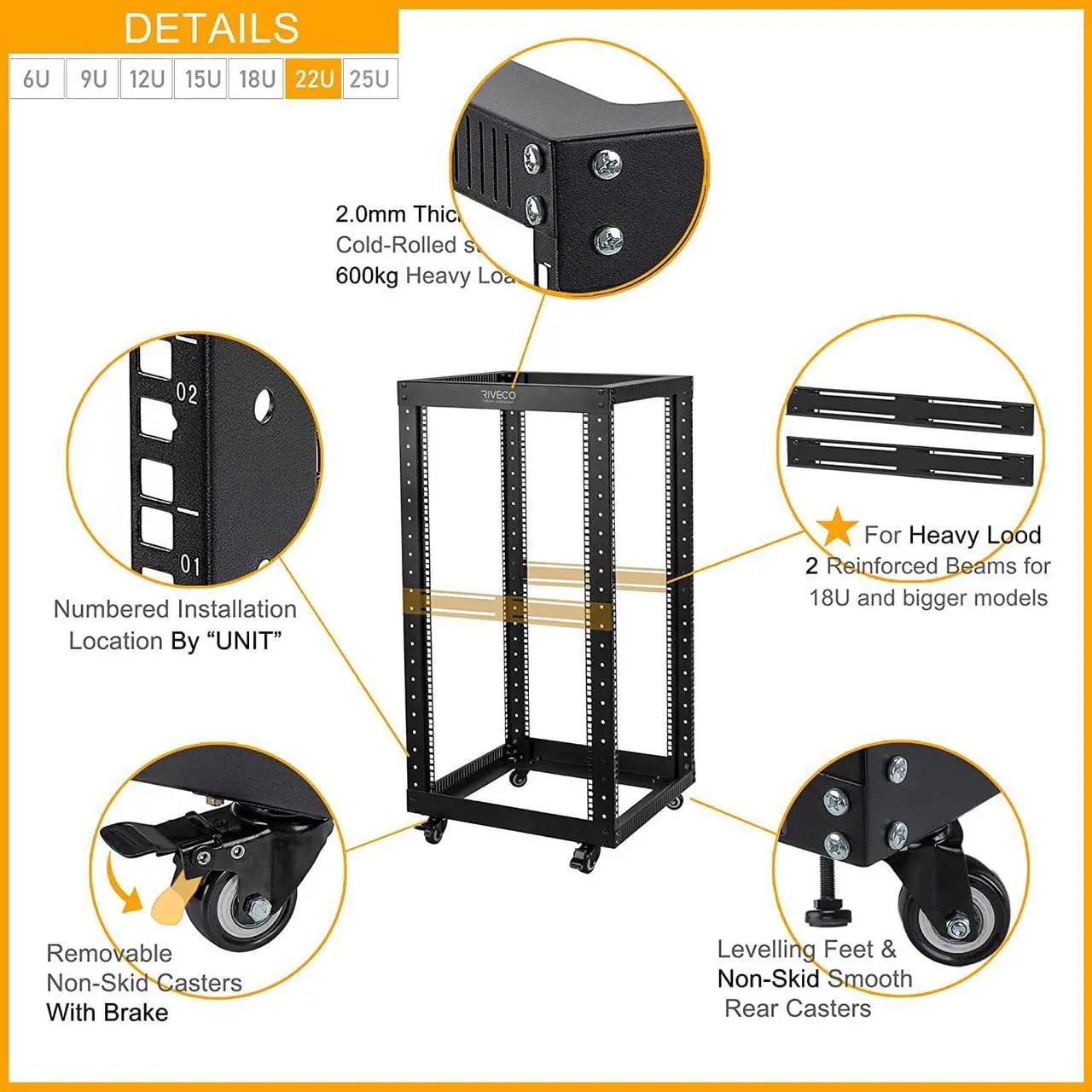 Alt view image 4 of 7 - 22U Open Frame Server Rack with Wheels- Heavy Duty 4 Post Quick Assembly 19-inch, Stereo Rack Rolling Network Shelf Black