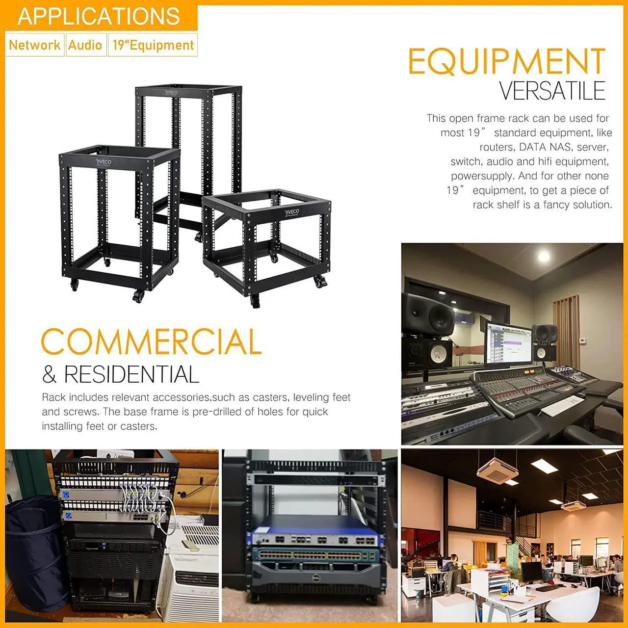 Alt view image 7 of 7 - 22U Open Frame Server Rack with Wheels- Heavy Duty 4 Post Quick Assembly 19-inch, Stereo Rack Rolling Network Shelf Black