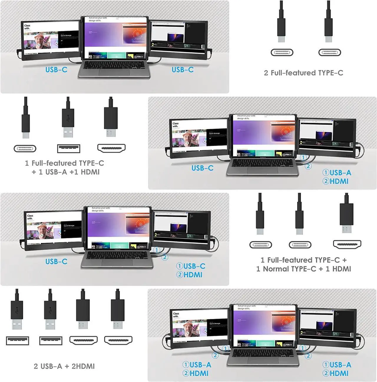 Alt view image 6 of 7 - Laptop Screen Extender, 12 Full HD IPS Display Portabe Monitor for Laptop, KEFEYA Attachable Dual Monitor, HDMI/USB-A/Type-C Plug and Play for Windows, Chrome & Mac