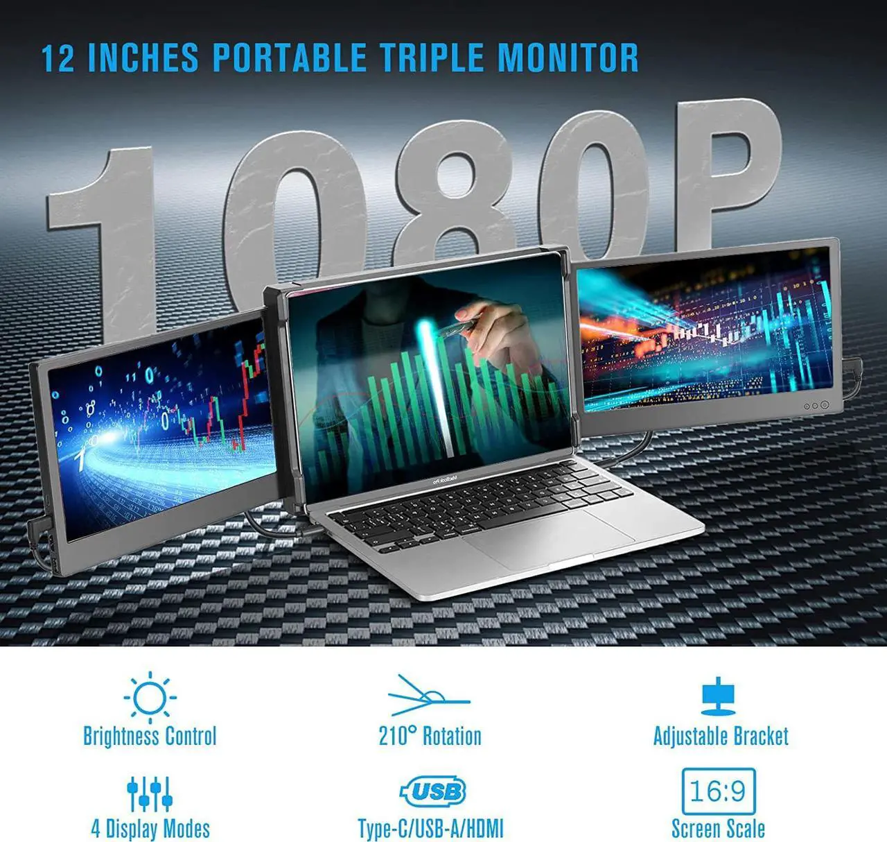 Alt view image 4 of 7 - Laptop Screen Extender, 12 Full HD IPS Display Portabe Monitor for Laptop, KEFEYA Attachable Dual Monitor, HDMI/USB-A/Type-C Plug and Play for Windows, Chrome & Mac