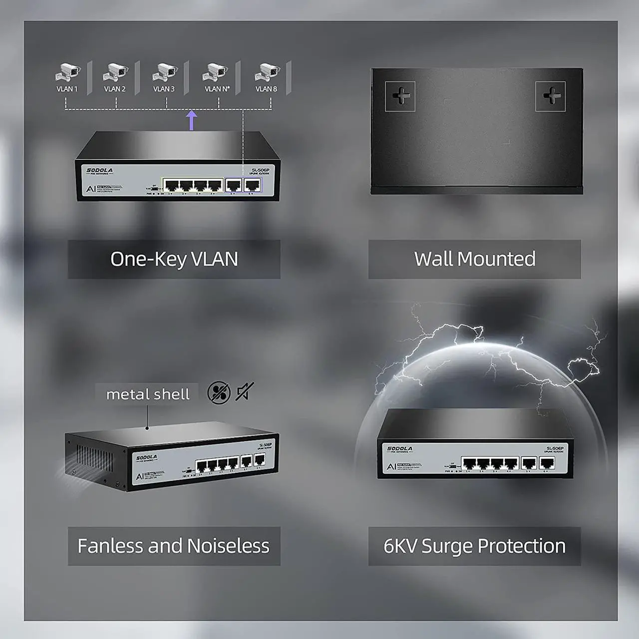Alt view image 5 of 7 - 4 Port PoE+ Switch | 4 PoE+ Ports &2 Fast Ethernet uplink,65W 802.3af/at, Extend Function, Fanless Metal,Plug & Play Unmanaged Network Switch
