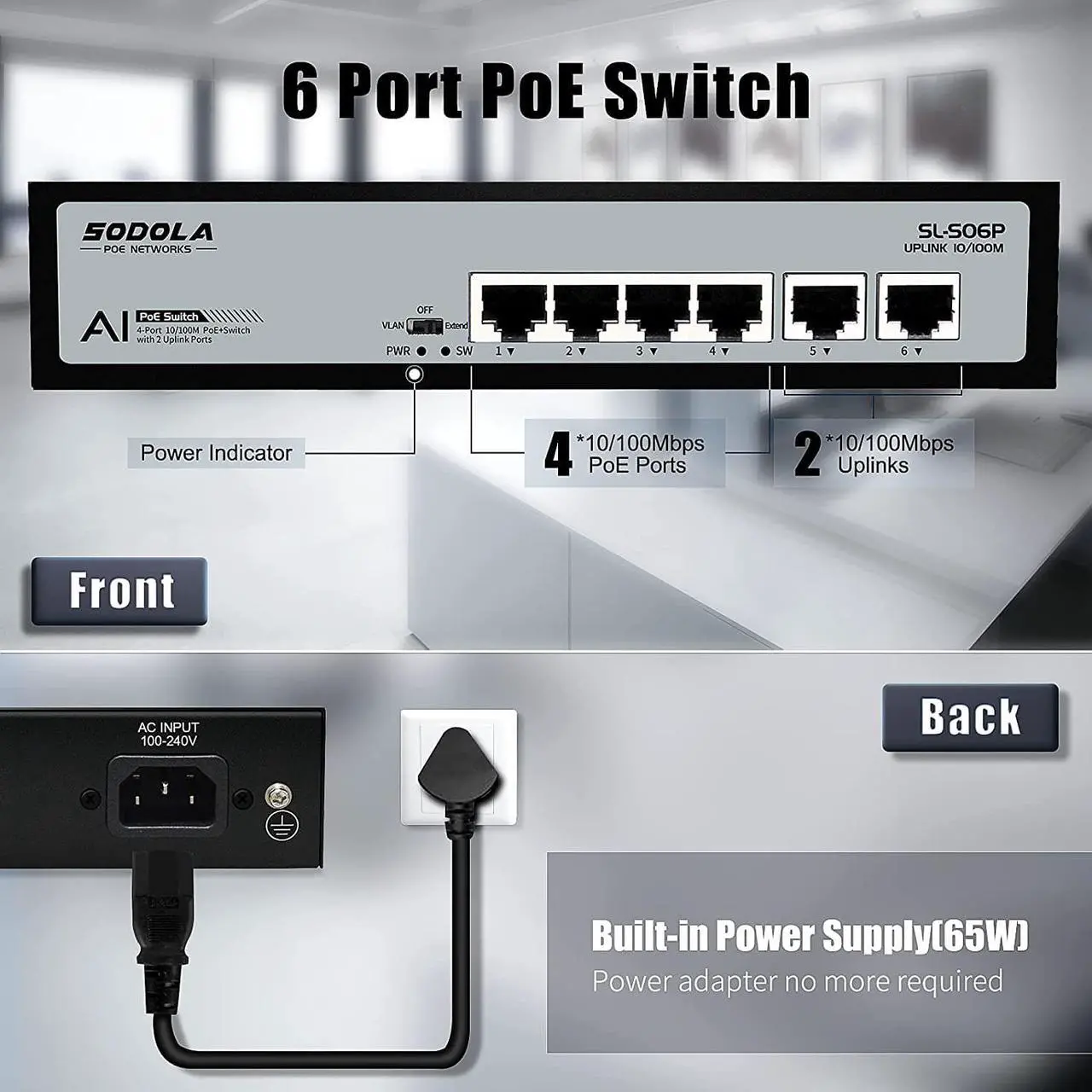 Alt view image 2 of 7 - 4 Port PoE+ Switch | 4 PoE+ Ports &2 Fast Ethernet uplink,65W 802.3af/at, Extend Function, Fanless Metal,Plug & Play Unmanaged Network Switch