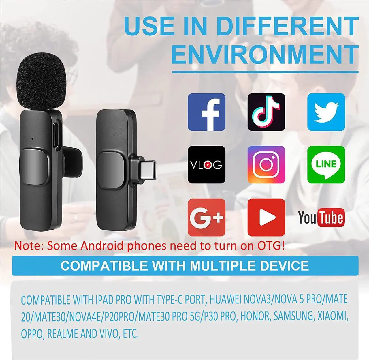 Alt view image 2 of 6 - Wireless Lavalier Microphone for Phone(USB-C), Dual Wireless Microphone for Video Recording, Live Stream, Vlog, YouTube, TikTok, Facebook, Zoom - Noise Reduction & Plug-Play(No Need App/Bluetooth)