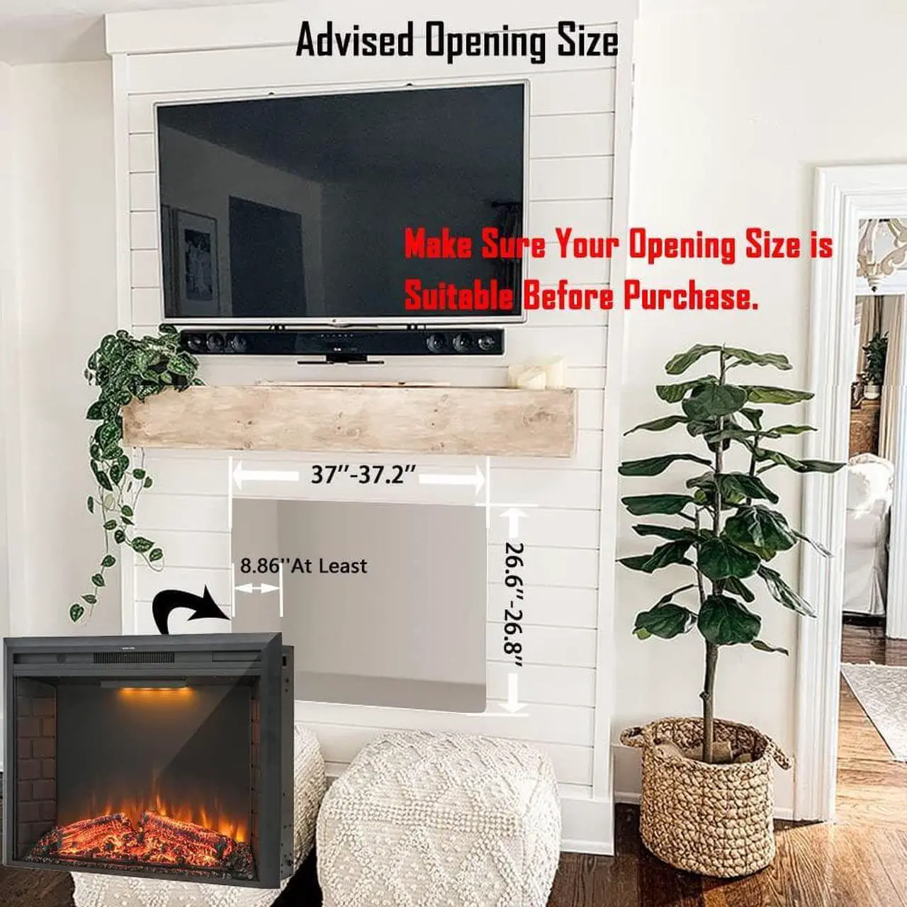Alt view image 6 of 7 - 40'' Electric Fireplace Insert, Retro Recessed Fireplace Heater with Fire Cracking Sound, Remote Control & Timer, 750/1500W, Black