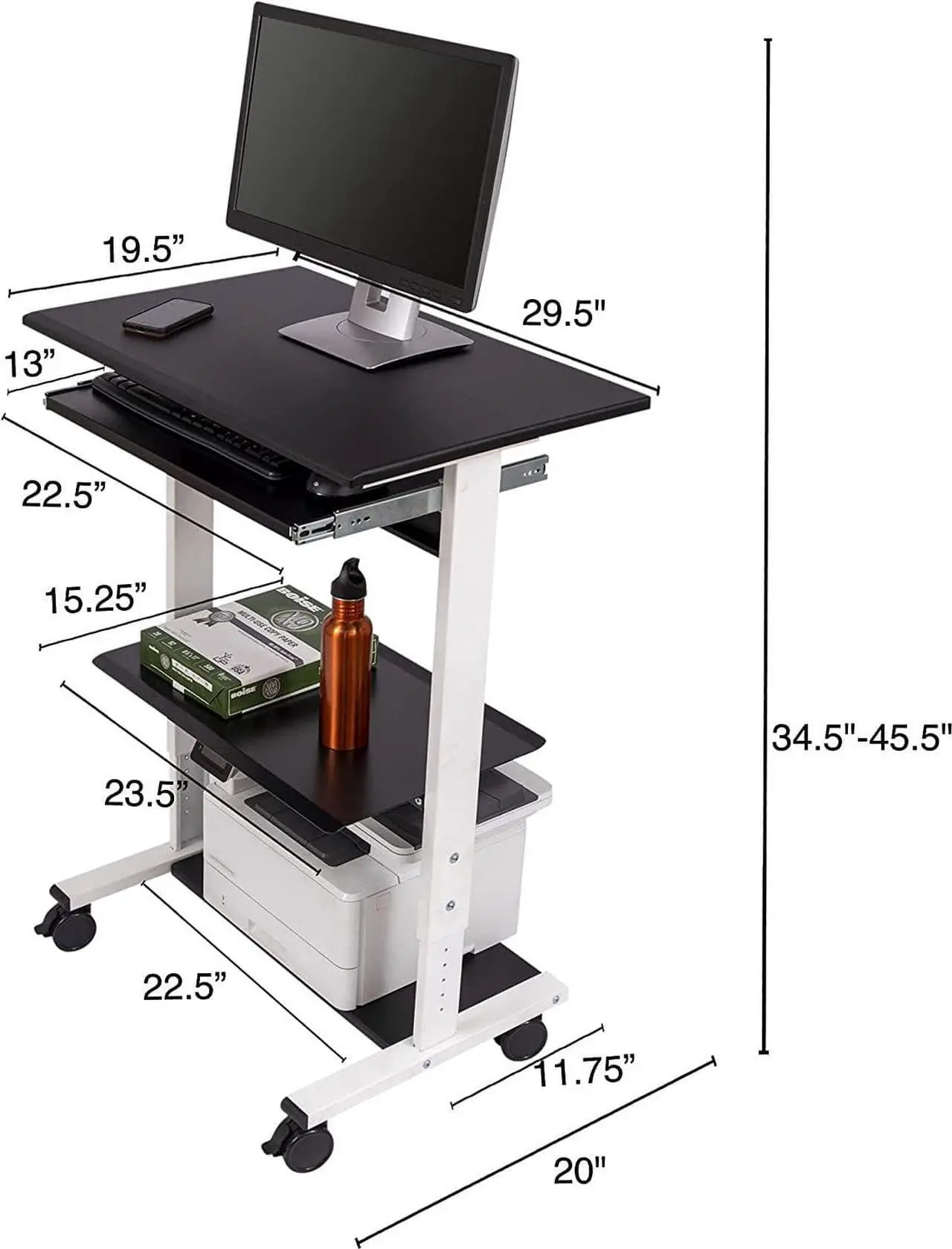 Alt view image 3 of 6 - Stand Up Desk Store Mobile Rolling Adjustable Height Standing Workstation with Printer Shelf and Slideout Keyboard Tray (White Frame/Black Top, 30" Wide)
