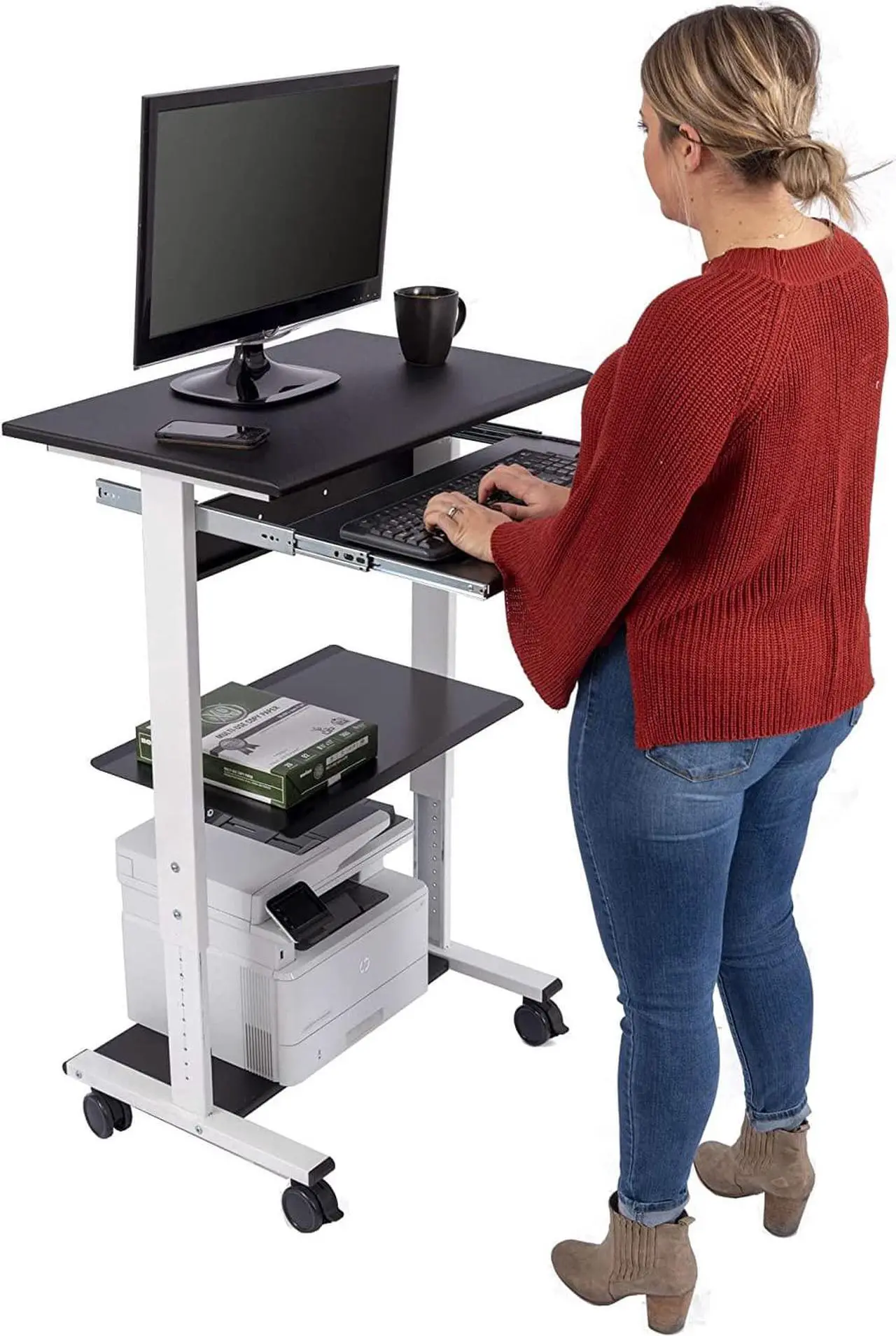 Alt view image 5 of 6 - Stand Up Desk Store Mobile Rolling Adjustable Height Standing Workstation with Printer Shelf and Slideout Keyboard Tray (White Frame/Black Top, 30" Wide)