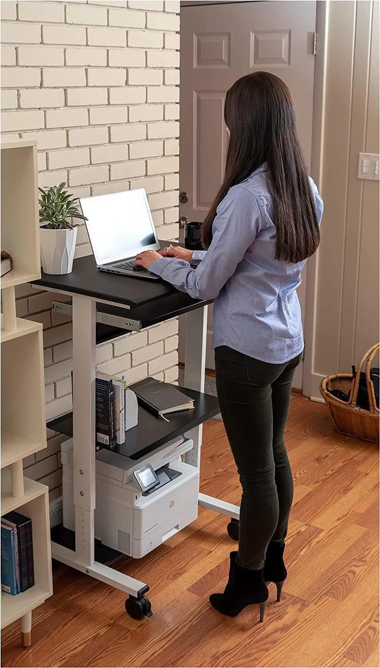 Alt view image 4 of 6 - Stand Up Desk Store Mobile Rolling Adjustable Height Standing Workstation with Printer Shelf and Slideout Keyboard Tray (White Frame/Black Top, 30" Wide)