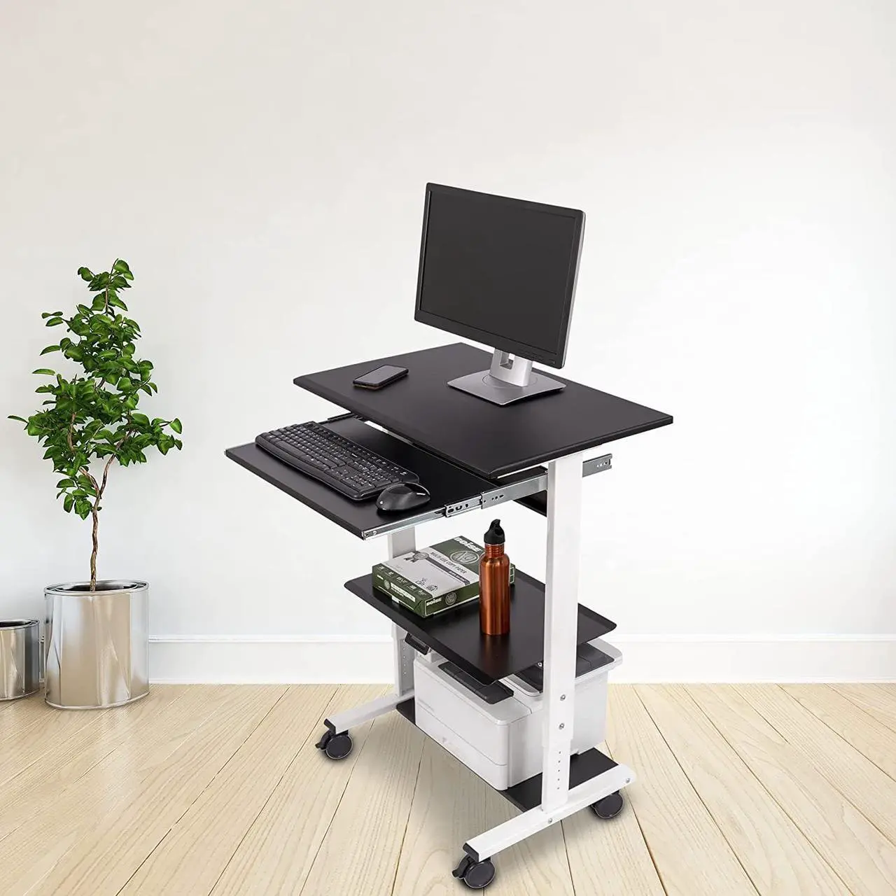 Alt view image 2 of 6 - Stand Up Desk Store Mobile Rolling Adjustable Height Standing Workstation with Printer Shelf and Slideout Keyboard Tray (White Frame/Black Top, 30" Wide)