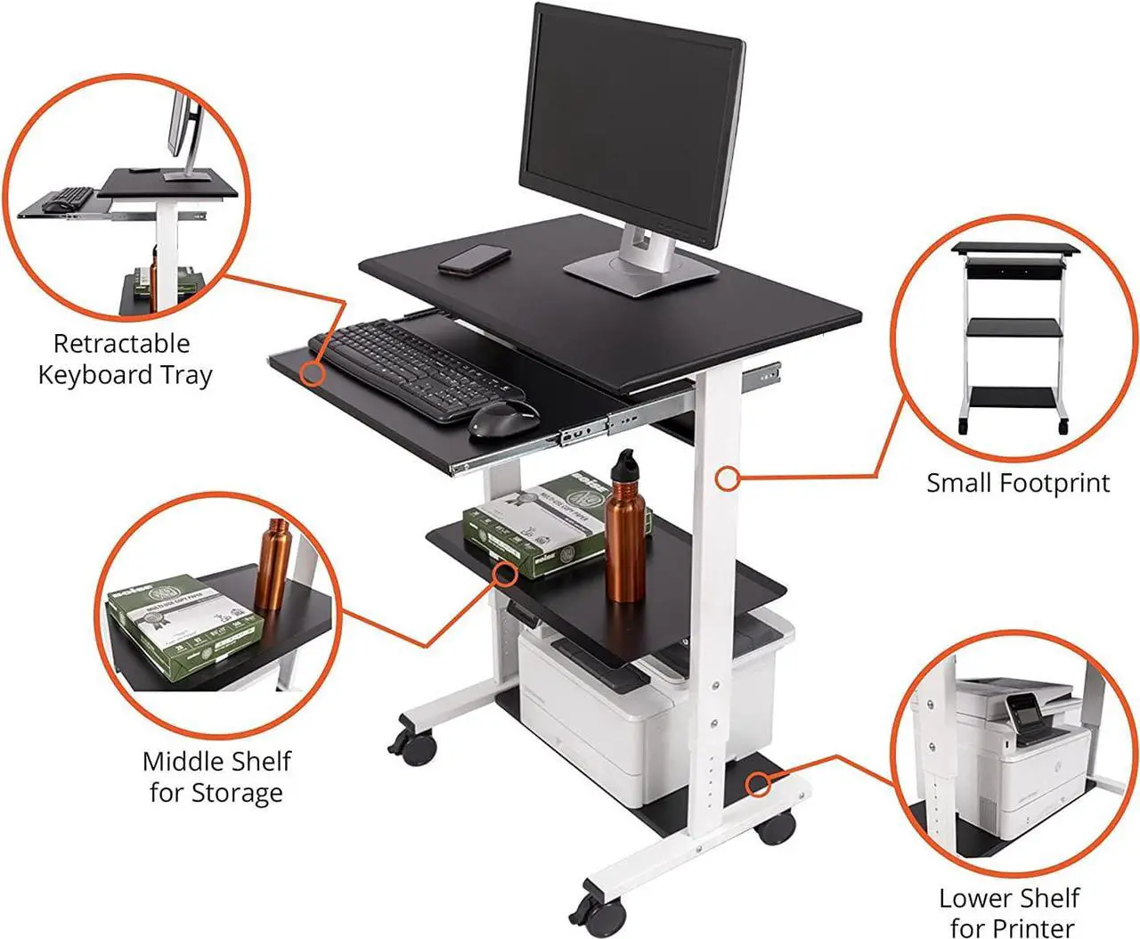 Alt view image 6 of 6 - Stand Up Desk Store Mobile Rolling Adjustable Height Standing Workstation with Printer Shelf and Slideout Keyboard Tray (White Frame/Black Top, 30" Wide)