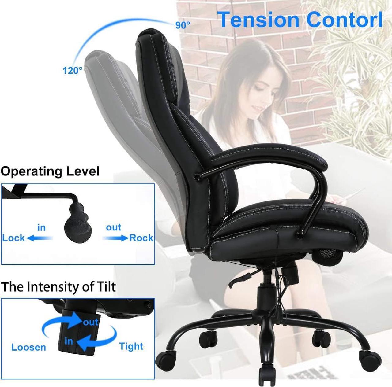 Alt view image 5 of 7 - Big and Tall Executive Office Chair - Heavy Duty 500lbs Wide Seat PU Leather Swivel Rolling, Ergonomic Desk Computer Chair w/High Back & Lumbar Support Arms for Home Office Black