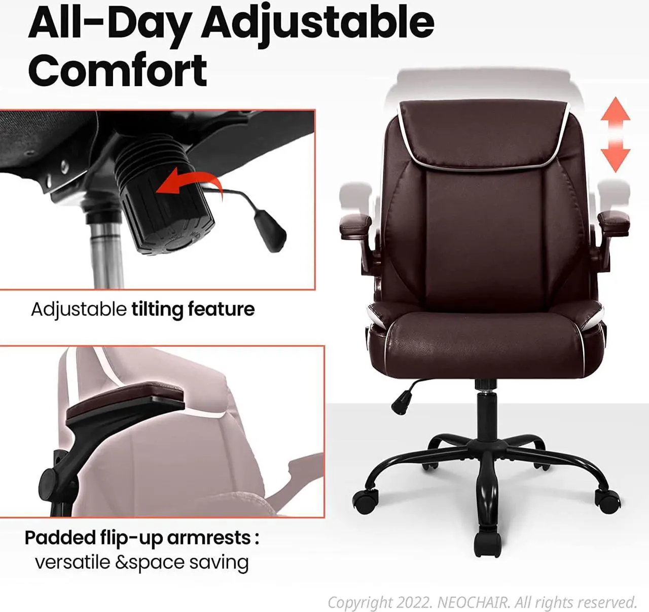 Alt view image 3 of 7 - Office Chair Adjustable Desk Chair Mid Back Executive Desk Comfortable PU Leather Chair Ergonomic Gaming Chair Back Support Home Computer Desk with Flip-up Armrest Swivel Wheels (Brown)