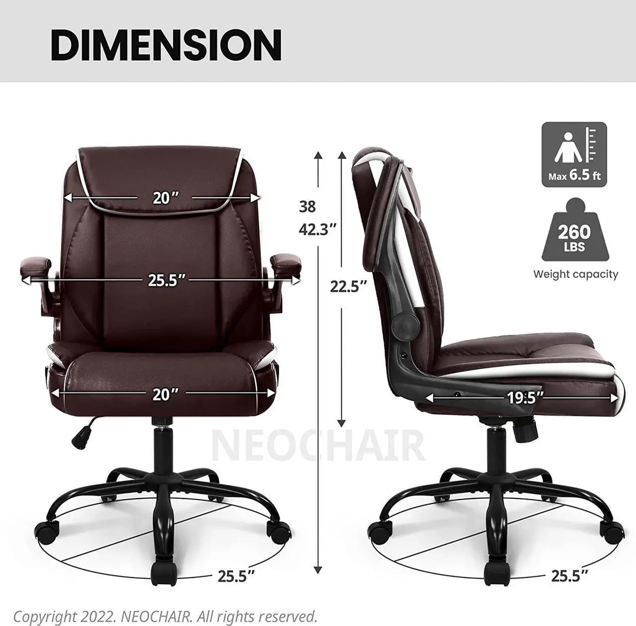 Alt view image 5 of 7 - Office Chair Adjustable Desk Chair Mid Back Executive Desk Comfortable PU Leather Chair Ergonomic Gaming Chair Back Support Home Computer Desk with Flip-up Armrest Swivel Wheels (Brown)