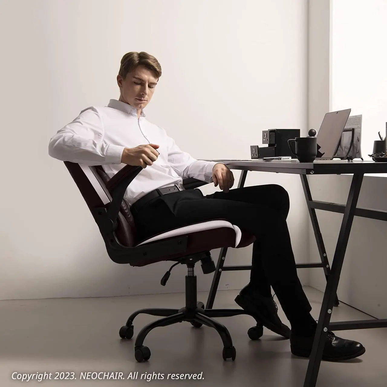 Alt view image 6 of 7 - Office Chair Adjustable Desk Chair Mid Back Executive Desk Comfortable PU Leather Chair Ergonomic Gaming Chair Back Support Home Computer Desk with Flip-up Armrest Swivel Wheels (Brown)