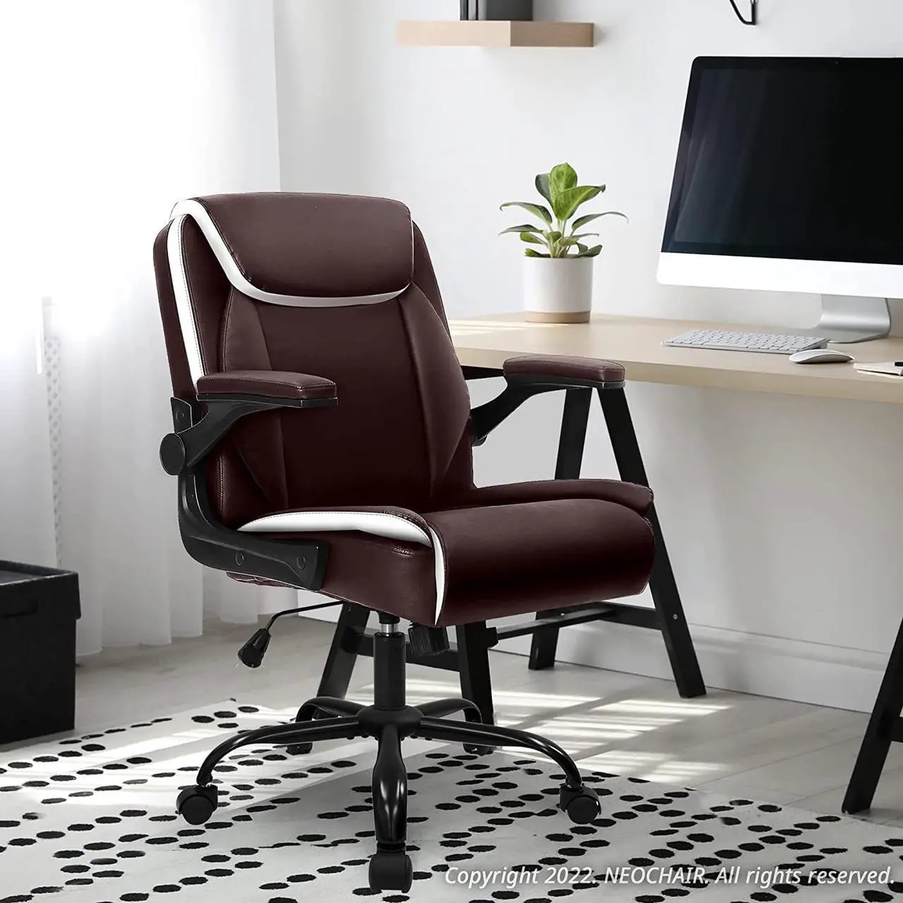 Alt view image 7 of 7 - Office Chair Adjustable Desk Chair Mid Back Executive Desk Comfortable PU Leather Chair Ergonomic Gaming Chair Back Support Home Computer Desk with Flip-up Armrest Swivel Wheels (Brown)