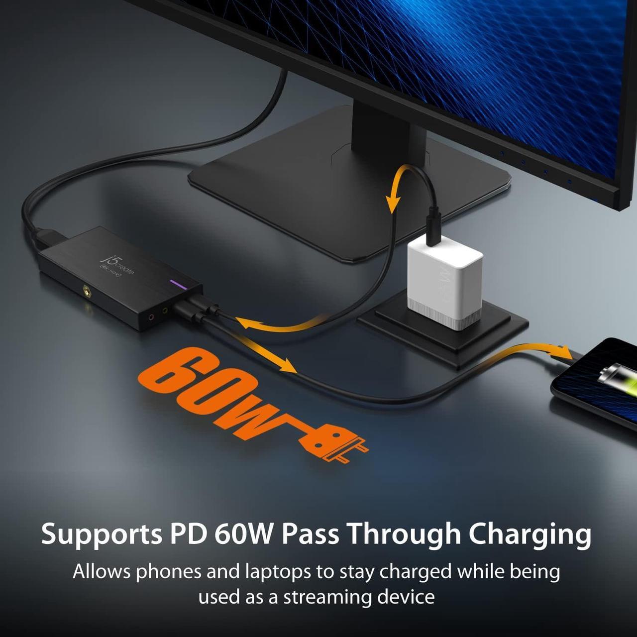 Alt view image 4 of 7 - j5create 4K Game Video Capture Card with PD 60W Pass-Through Charging, Stream and Record 4K Video on PS5, PS4, Xbox, Switch, Work with OBS, Twitch, YouTube