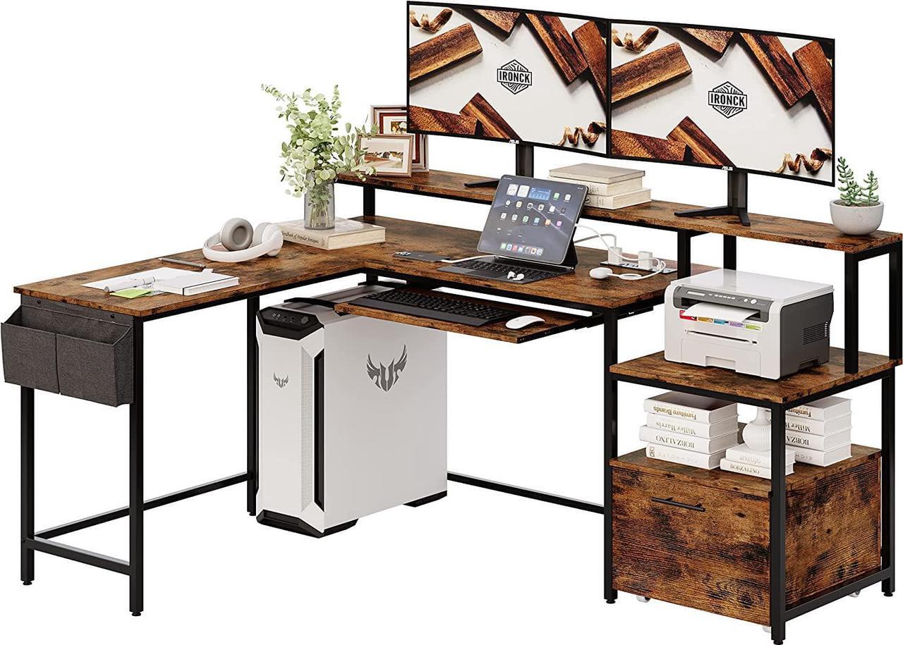 Main image of L Shaped Computer Desk, 66" Corner Desk with Power Outlet, File Drawer, Keyboard Tray, Riser Monitor Shelf and Storage Bag, Study Writing Table Workstation for Home Office, Vintage Brown