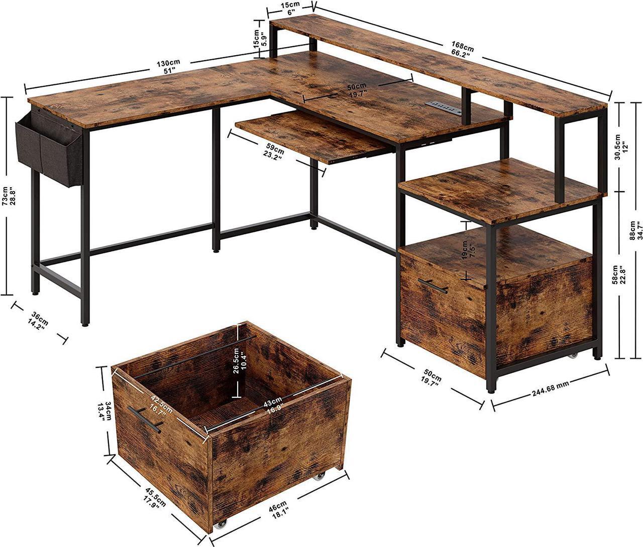 Alt view image 3 of 7 - L Shaped Computer Desk, 66" Corner Desk with Power Outlet, File Drawer, Keyboard Tray, Riser Monitor Shelf and Storage Bag, Study Writing Table Workstation for Home Office, Vintage Brown