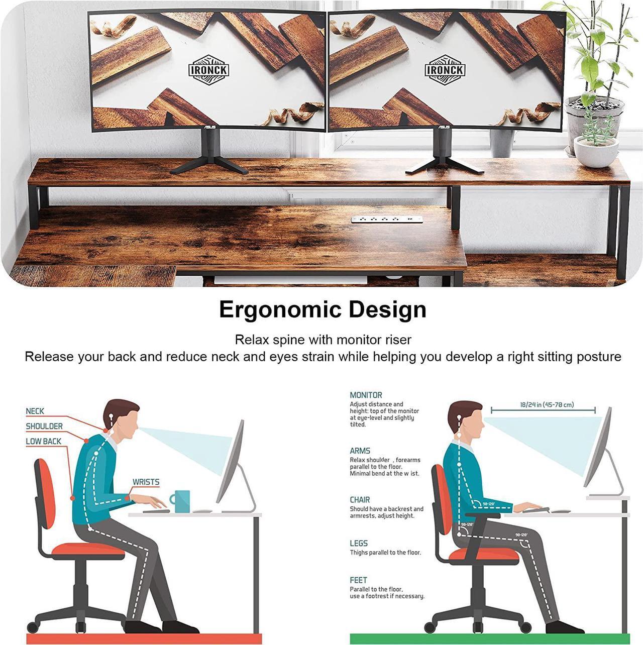 Alt view image 4 of 7 - L Shaped Computer Desk, 66" Corner Desk with Power Outlet, File Drawer, Keyboard Tray, Riser Monitor Shelf and Storage Bag, Study Writing Table Workstation for Home Office, Vintage Brown