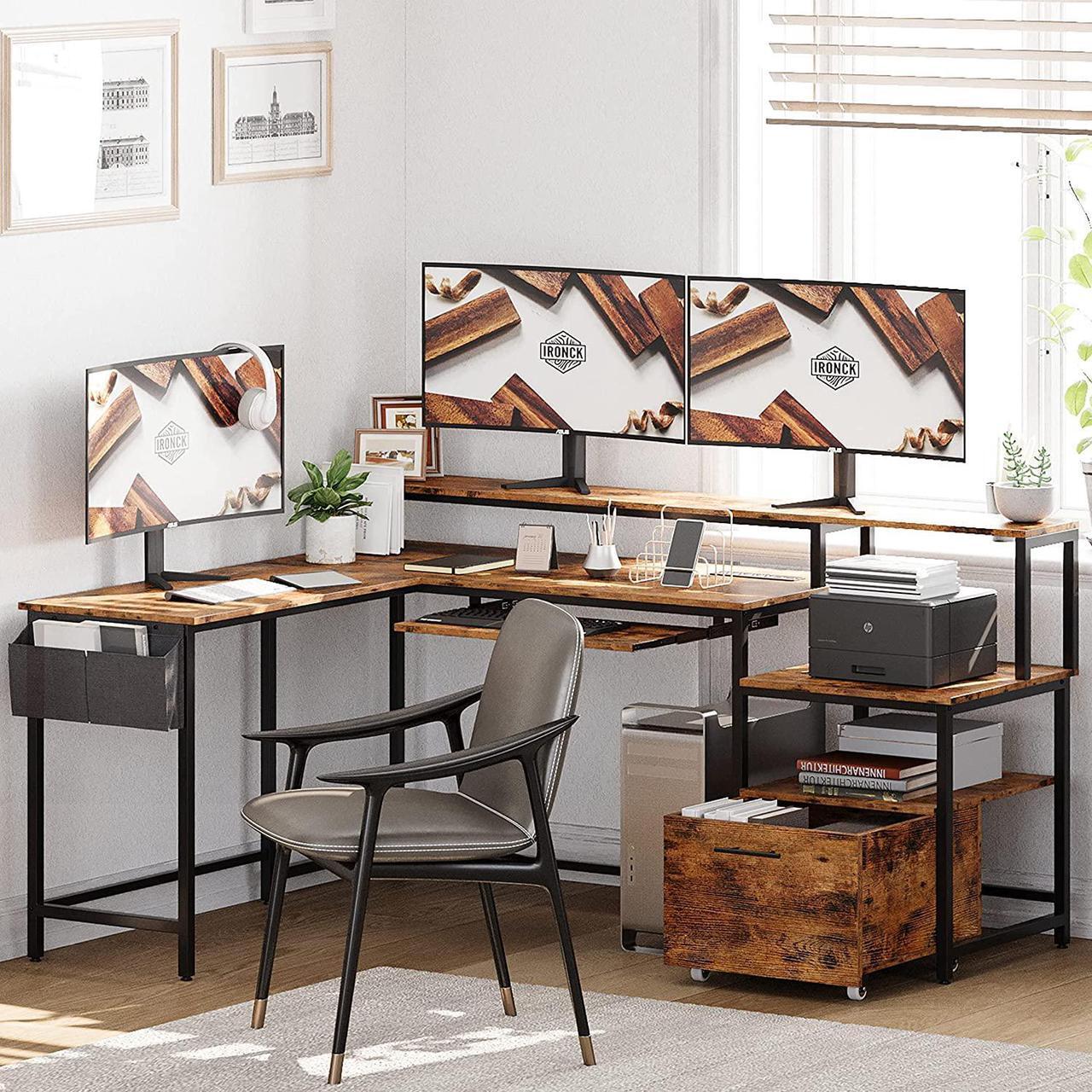 Alt view image 2 of 7 - L Shaped Computer Desk, 66" Corner Desk with Power Outlet, File Drawer, Keyboard Tray, Riser Monitor Shelf and Storage Bag, Study Writing Table Workstation for Home Office, Vintage Brown