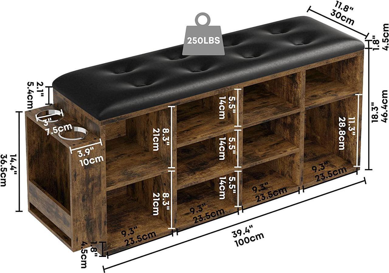 Alt view image 3 of 7 - Shoe Bench, 10 Cubbies Storage Entryway Bench with PU Leather, Cubby Shoe Rack Organizer with Adjustable Shelves for Living Room, Bedroom, Vintage Brown