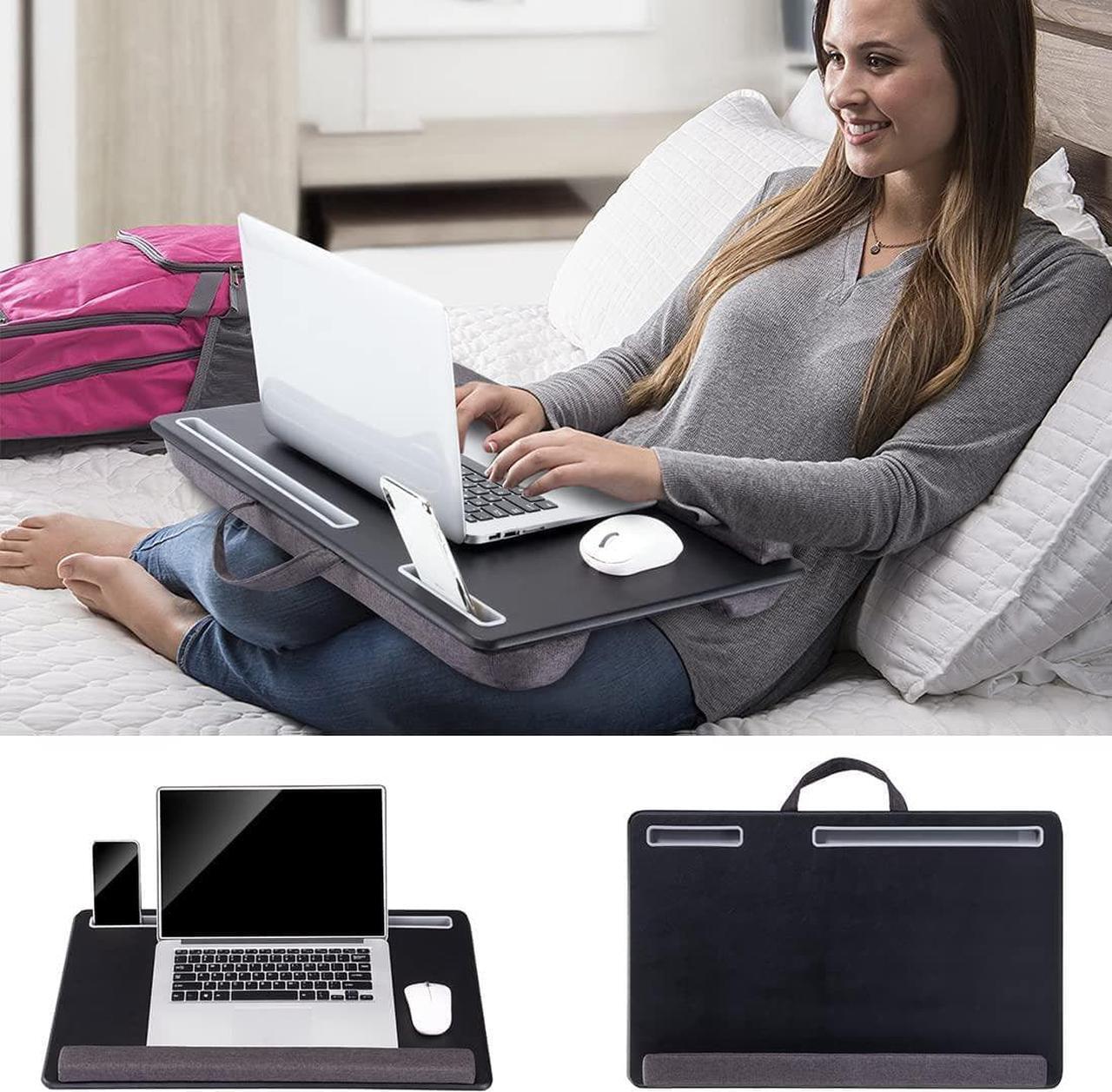 Alt view image 4 of 7 - Extra Large Lap Laptop Desk - Full PU Material Mouse Pad Gaming Tray - Portable LapDesk with Phone Holder & Wrist Rest for Notebook, MacBook, Tablet, Bed, Sofa(Black, Fit Up 17.3-in Laptops)