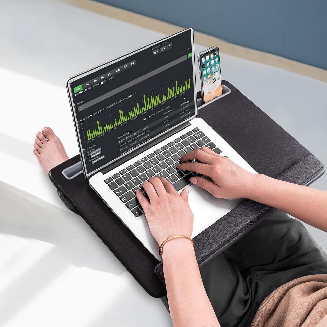 Alt view image 5 of 7 - Extra Large Lap Laptop Desk - Full PU Material Mouse Pad Gaming Tray - Portable LapDesk with Phone Holder & Wrist Rest for Notebook, MacBook, Tablet, Bed, Sofa(Black, Fit Up 17.3-in Laptops)