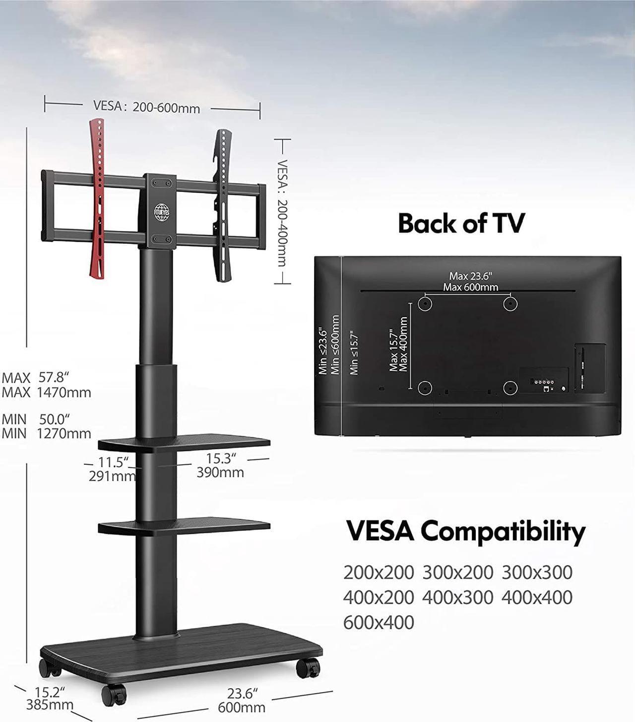 Alt view image 3 of 7 - Rolling TV Stand, Mobile TV Cart on Wheels for 32 - 65 70 Inch Flat Screen TVs, Tall TV Floor Stand with Swivel Mount, Corner TV Stands for Bedroom, Outdoor, Home Office, Small Dorm, Black