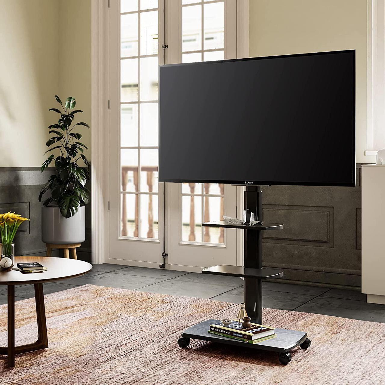 Alt view image 6 of 7 - Rolling TV Stand, Mobile TV Cart on Wheels for 32 - 65 70 Inch Flat Screen TVs, Tall TV Floor Stand with Swivel Mount, Corner TV Stands for Bedroom, Outdoor, Home Office, Small Dorm, Black