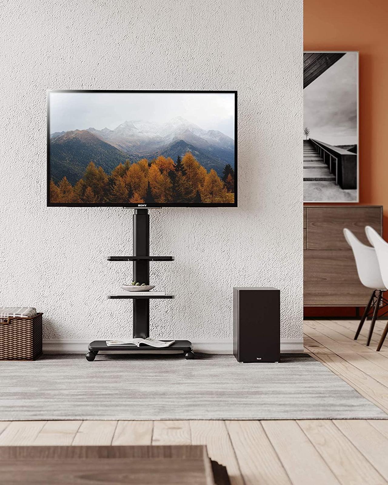 Alt view image 2 of 7 - Rolling TV Stand, Mobile TV Cart on Wheels for 32 - 65 70 Inch Flat Screen TVs, Tall TV Floor Stand with Swivel Mount, Corner TV Stands for Bedroom, Outdoor, Home Office, Small Dorm, Black