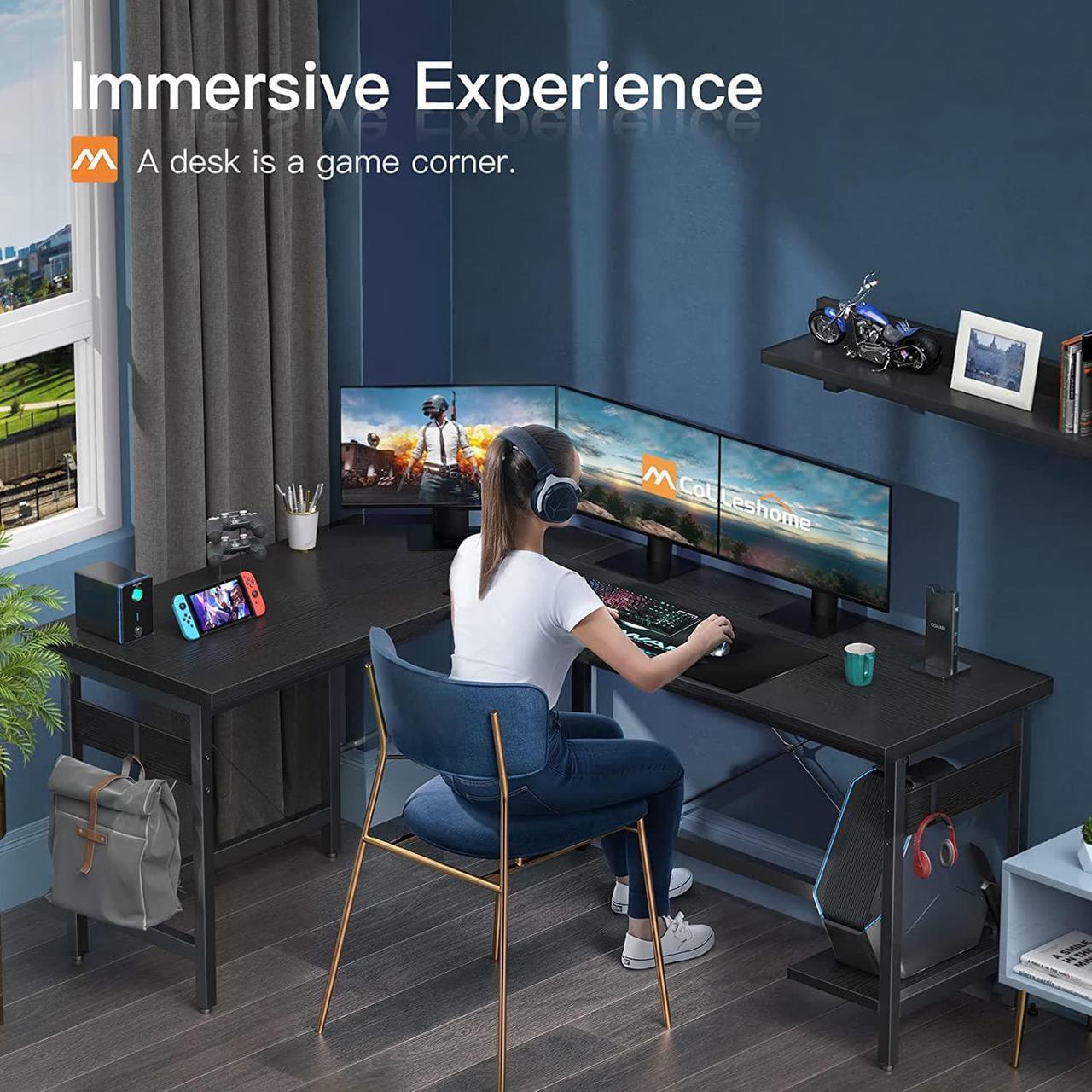 Alt view image 2 of 7 - 66" L Shaped Gaming Desk, Corner Computer Desk, Sturdy Home Office Computer Table, Writing Desk, Larger Gaming Desk Workstation, Black