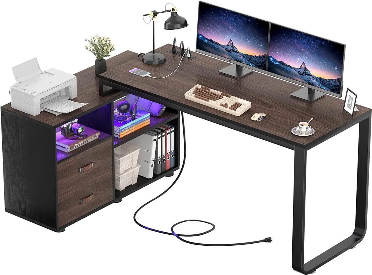 Main image of L Shaped Desk with File Cabinet & Power Outlet, 55 Inch Large Corner Computer Desks with LED Strip, L-Shaped Computer Desk with Drawers and Storage Shelves for Home Office, Espresso