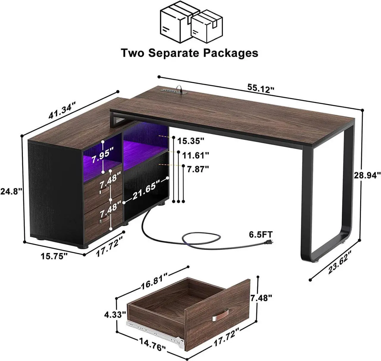 Alt view image 3 of 7 - L Shaped Desk with File Cabinet & Power Outlet, 55 Inch Large Corner Computer Desks with LED Strip, L-Shaped Computer Desk with Drawers and Storage Shelves for Home Office, Espresso