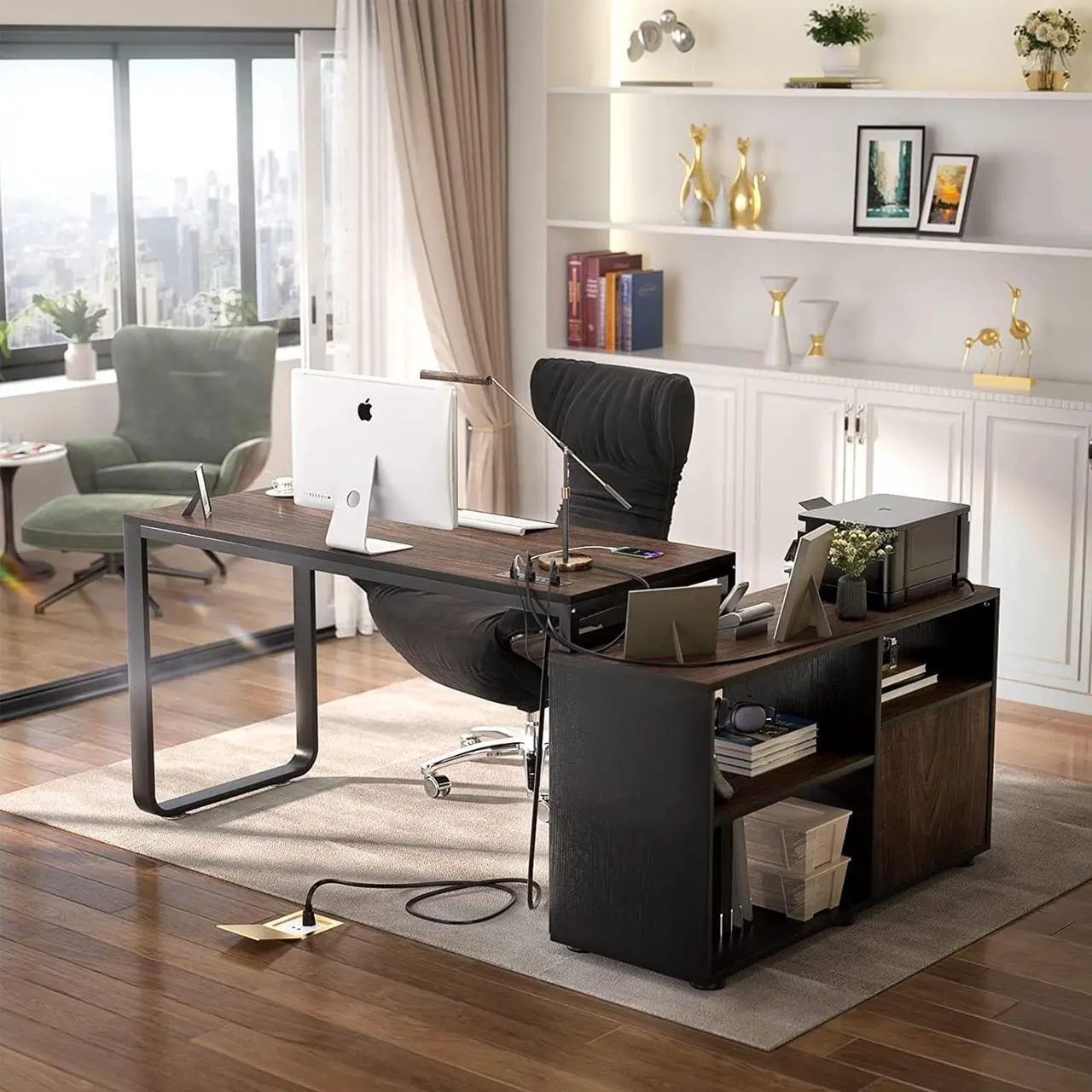 Alt view image 2 of 7 - L Shaped Desk with File Cabinet & Power Outlet, 55 Inch Large Corner Computer Desks with LED Strip, L-Shaped Computer Desk with Drawers and Storage Shelves for Home Office, Espresso