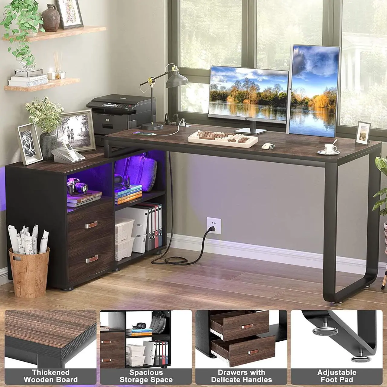 Alt view image 6 of 7 - L Shaped Desk with File Cabinet & Power Outlet, 55 Inch Large Corner Computer Desks with LED Strip, L-Shaped Computer Desk with Drawers and Storage Shelves for Home Office, Espresso