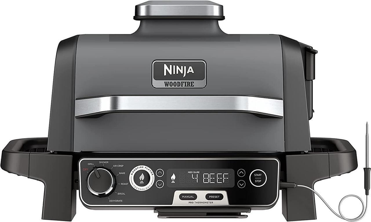 Main image of Ninja Woodfire Pro Outdoor Grill & Smoker with Built-In Thermometer, 7-in-1 Master Grill, BBQ Smoker, Air Fryer, Bake, Roast, Dehydrate, Broil, Ninja Woodfire Pellets, Portable, Electric, Grey