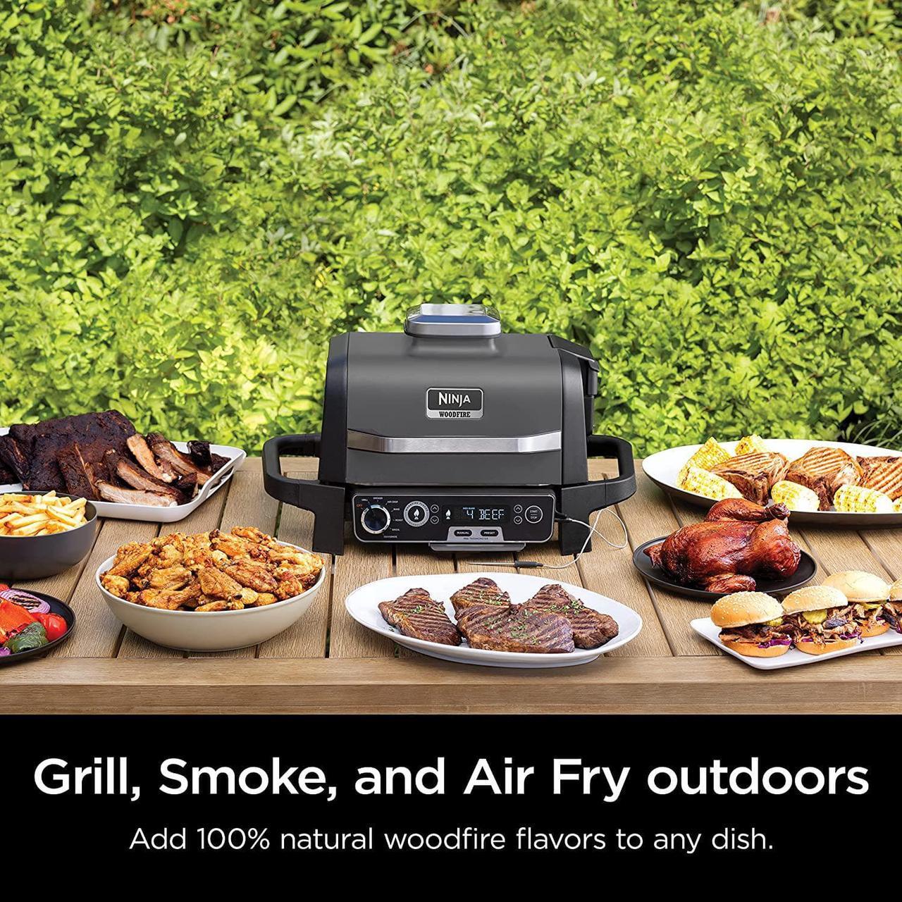 Alt view image 2 of 7 - Ninja Woodfire Pro Outdoor Grill & Smoker with Built-In Thermometer, 7-in-1 Master Grill, BBQ Smoker, Air Fryer, Bake, Roast, Dehydrate, Broil, Ninja Woodfire Pellets, Portable, Electric, Grey