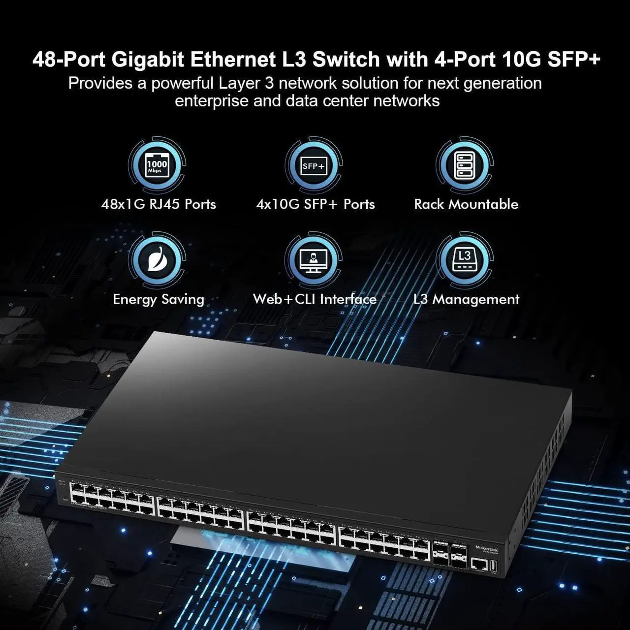 Alt view image 2 of 7 - 48 Port Gigabit Managed Switch, 48 Port GE, 4x10G SFP+, 1 Console Port, 1 USB Port, L3 Smart Managed, Rackmount , DHCP QoS Vlan IGMP and Static Routing