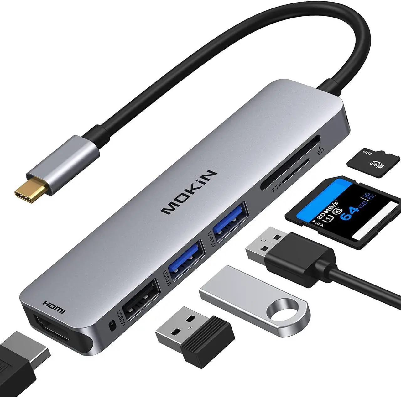 Main image of USB C Hub HDMI Adapter for MacBook Pro 2019/2018/2017,5 in 1 Dongle USB-C to HDMI, Sd/TF Card Reader and 2 Ports USB 3.0 (Space Gray)