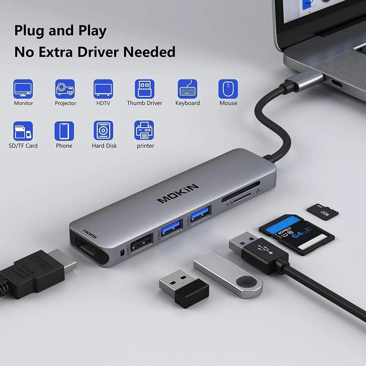 Alt view image 2 of 6 - USB C Hub HDMI Adapter for MacBook Pro 2019/2018/2017,5 in 1 Dongle USB-C to HDMI, Sd/TF Card Reader and 2 Ports USB 3.0 (Space Gray)