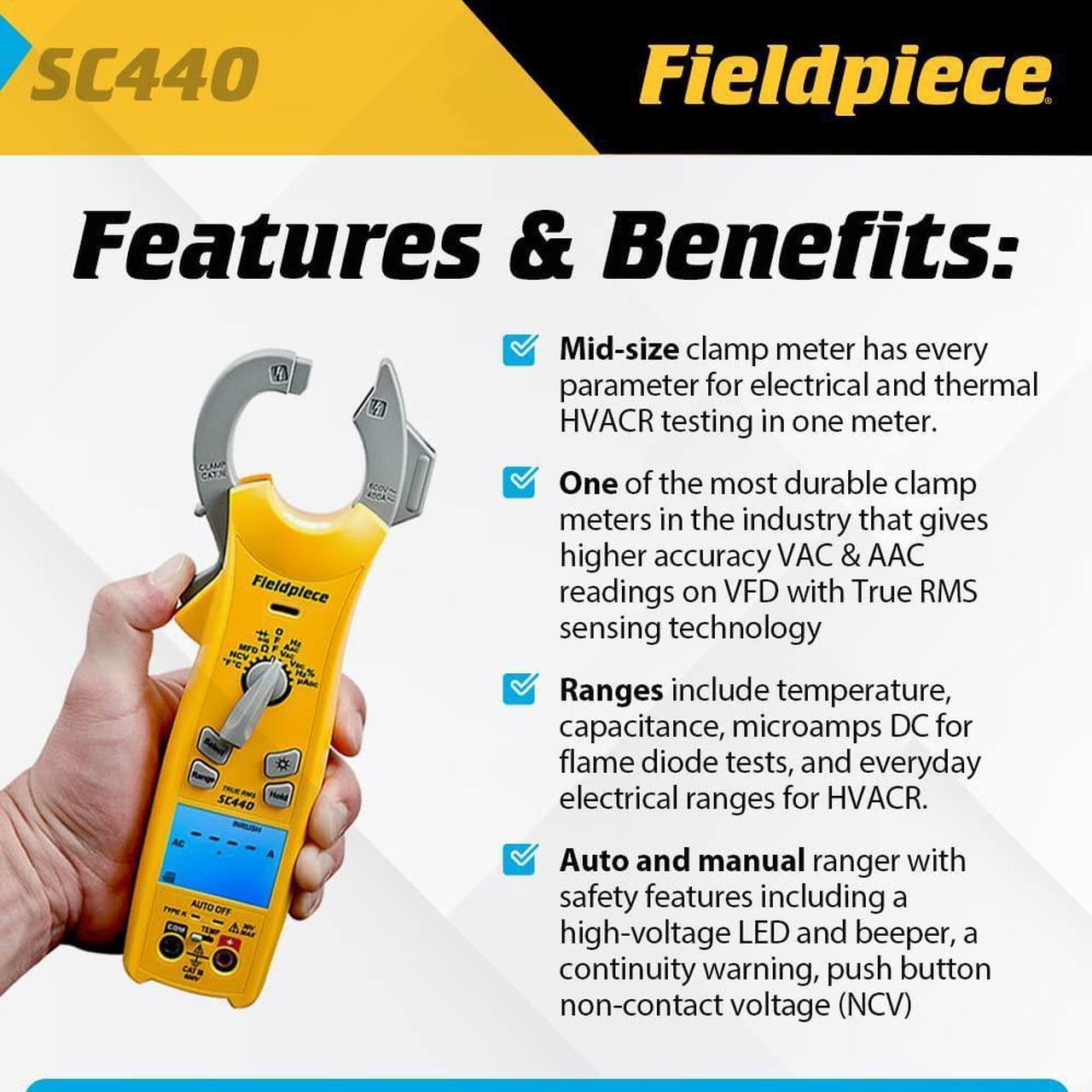 Alt view image 2 of 6 - Fieldpiece SC440 True RMS Clamp Meter with Temperature, Inrush Current, Capacitance and Backlight