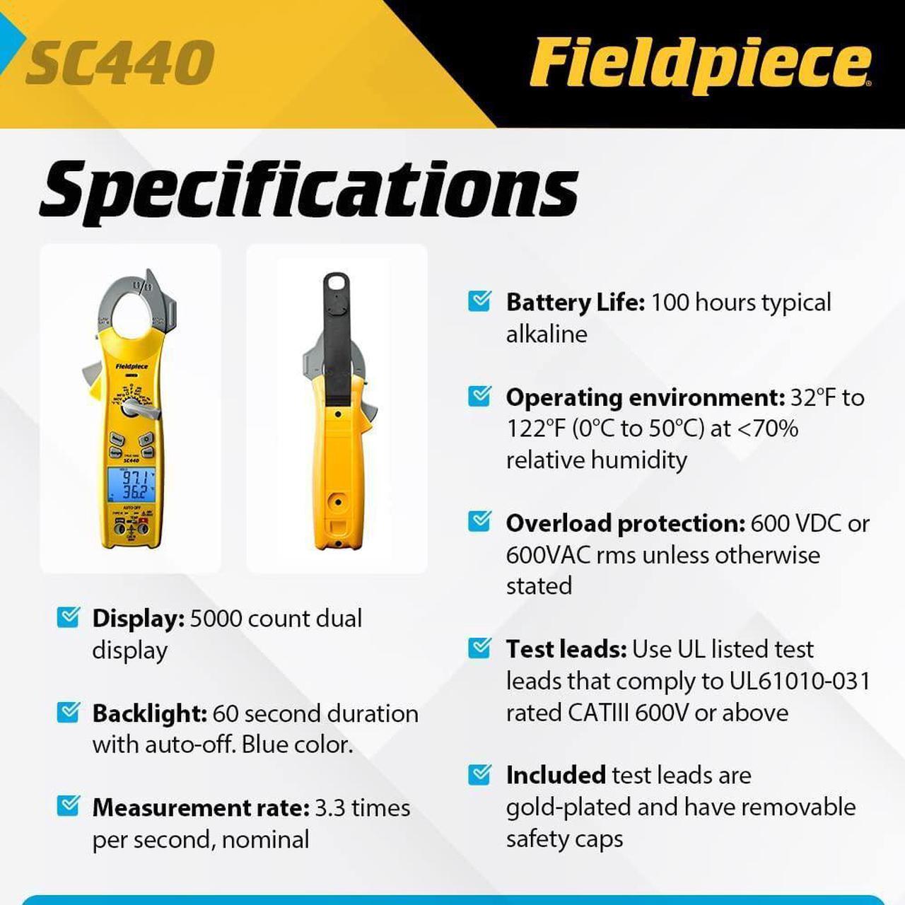 Alt view image 3 of 6 - Fieldpiece SC440 True RMS Clamp Meter with Temperature, Inrush Current, Capacitance and Backlight