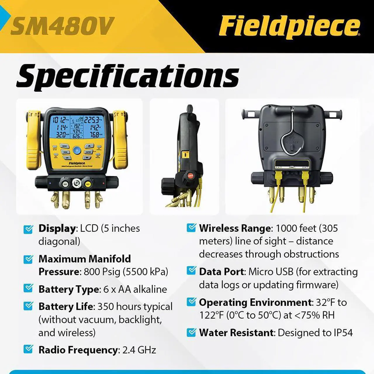 Alt view image 4 of 6 - Fieldpiece SM480V SMAN Digital Manifold Wireless Data Logging
