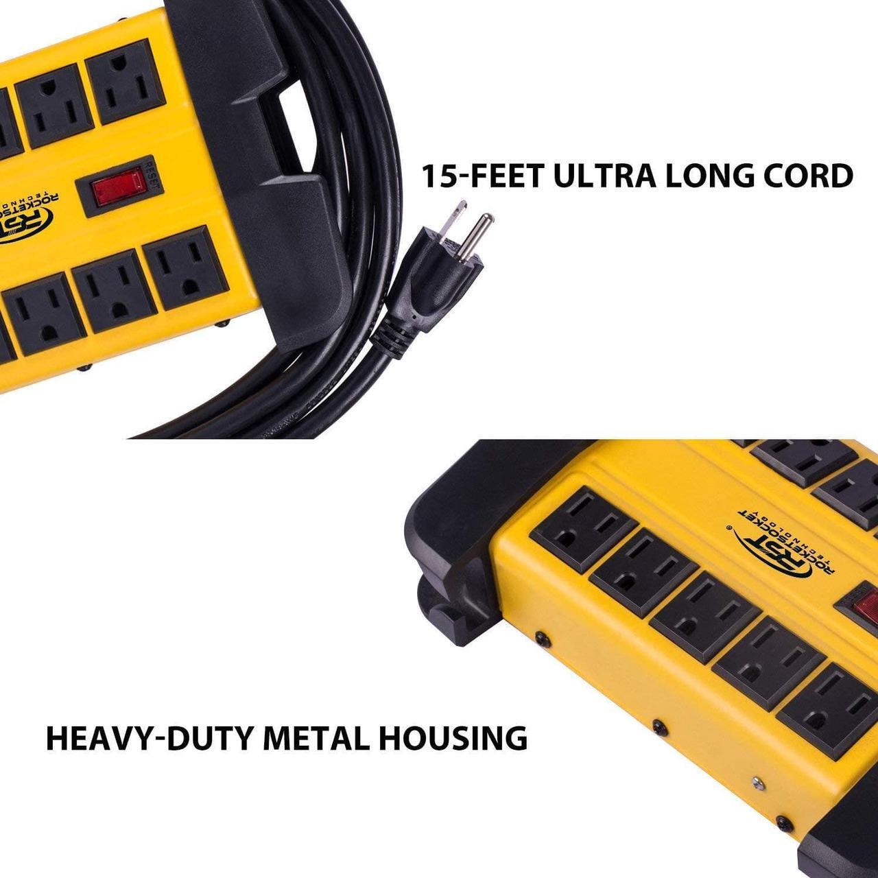Alt view image 4 of 7 - 10-Outlets Heavy Duty Power Strip Metal Surge Protector with 15 Amps, 15-Foot Power Cord 2800 Joules for Garden, Kitchen, Office, School, ETL Listed