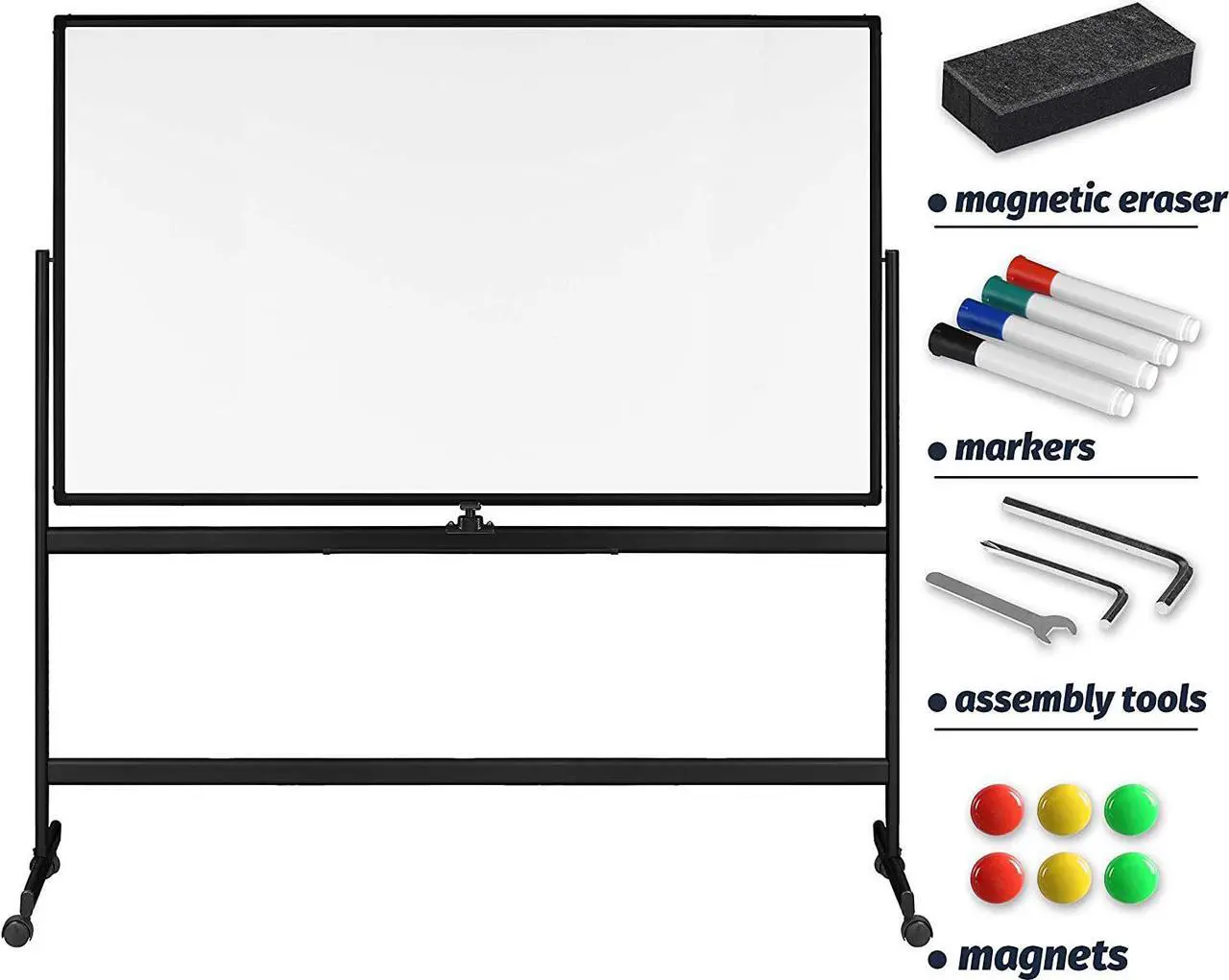 Alt view image 5 of 7 - Mobile Whiteboard 72 x 40, 360° Reversible Double Sided Magnetic Dry Erase Board with Portable Rolling Stand on Wheels, Easel Standing Board with Black Aluminum Frame