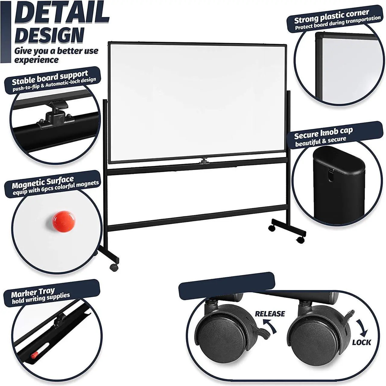 Alt view image 3 of 7 - Mobile Whiteboard 72 x 40, 360° Reversible Double Sided Magnetic Dry Erase Board with Portable Rolling Stand on Wheels, Easel Standing Board with Black Aluminum Frame